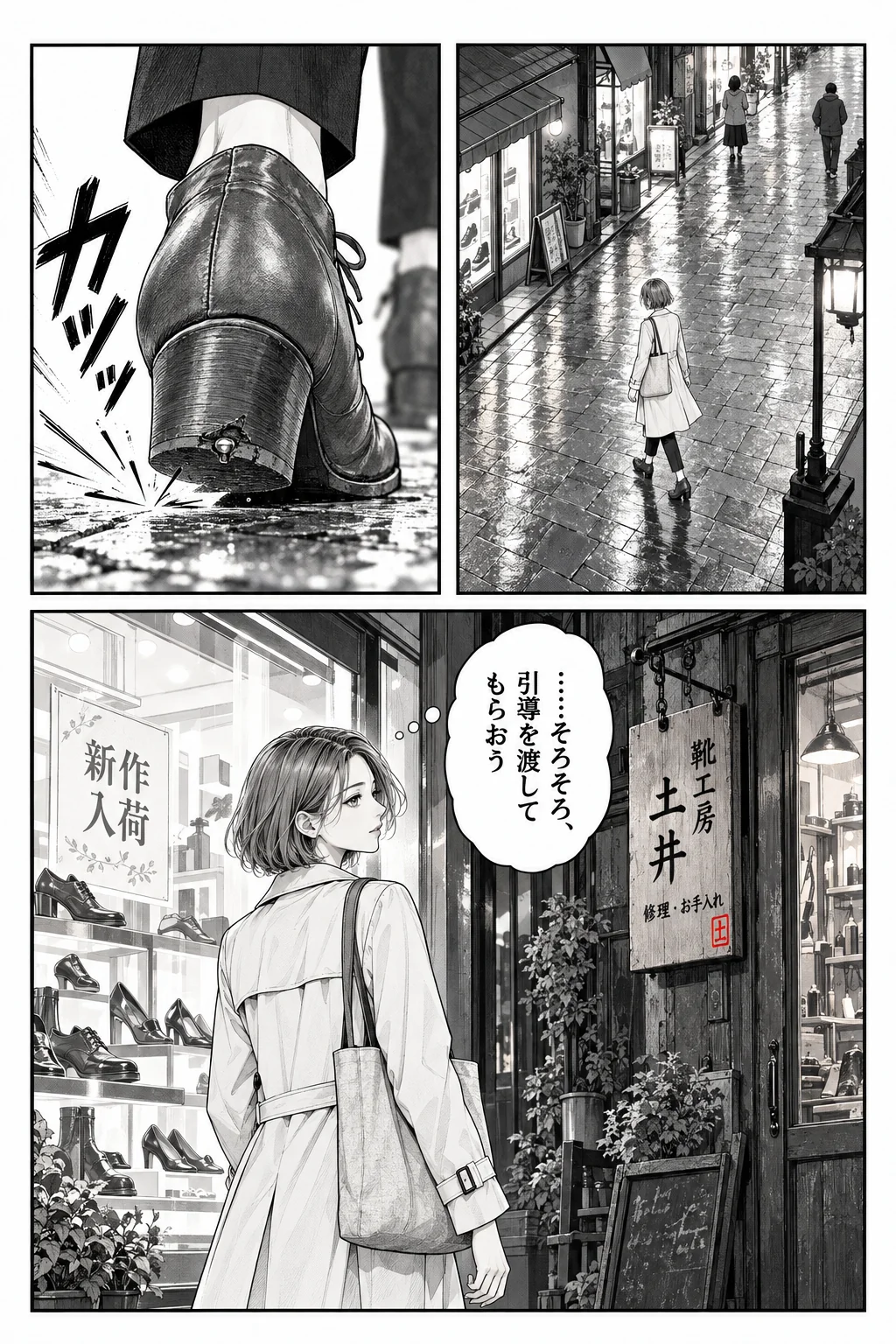 雨上がりの商店街。歩く女性の靴のヒールが釘まで減り、カツッと鳴る。新作の並ぶ靴屋の窓から目を外し、靴工房 土井の看板を見て「……そろそろ、引導を渡してもらおう」。
