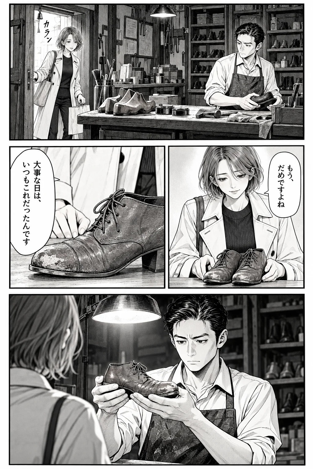 工房の扉を開ける。「もう、だめですよね」と笑ってごまかし、「大事な日は、いつもこれだったんです」。職人の土井は、すり減った靴を両手で受け取る。