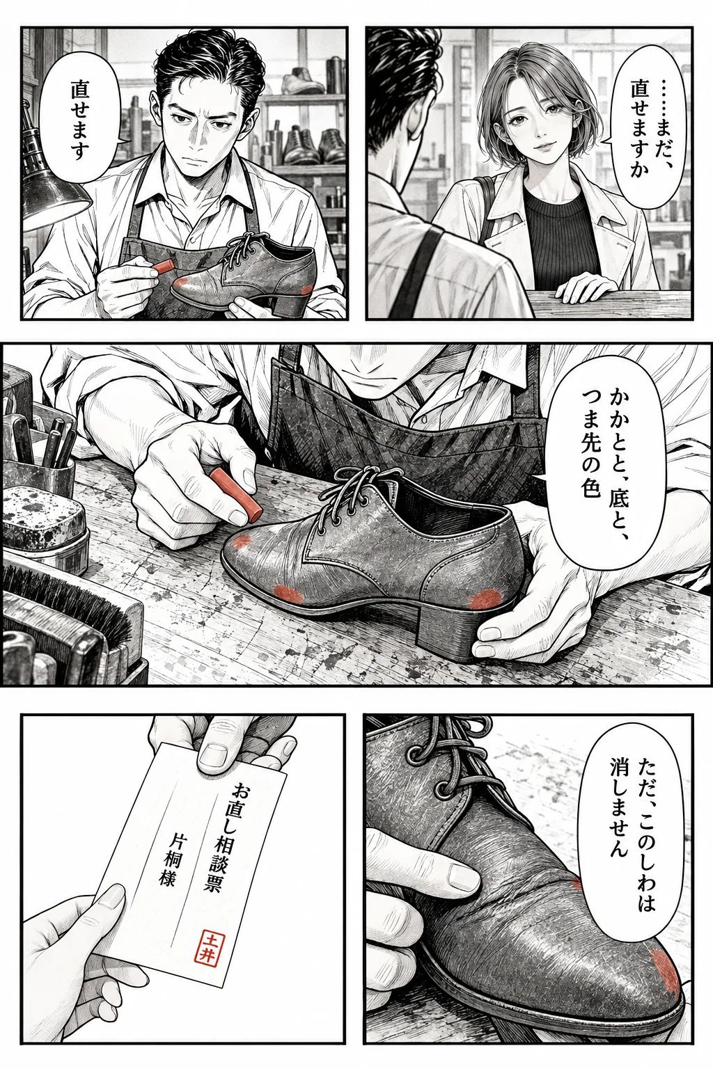 「……まだ、直せますか」「直せます」。かかと・底・つま先に朱色の印が付く。甲の皺に指を置いて「ただ、このしわは消しません」。朱印の押された相談票が手渡される。