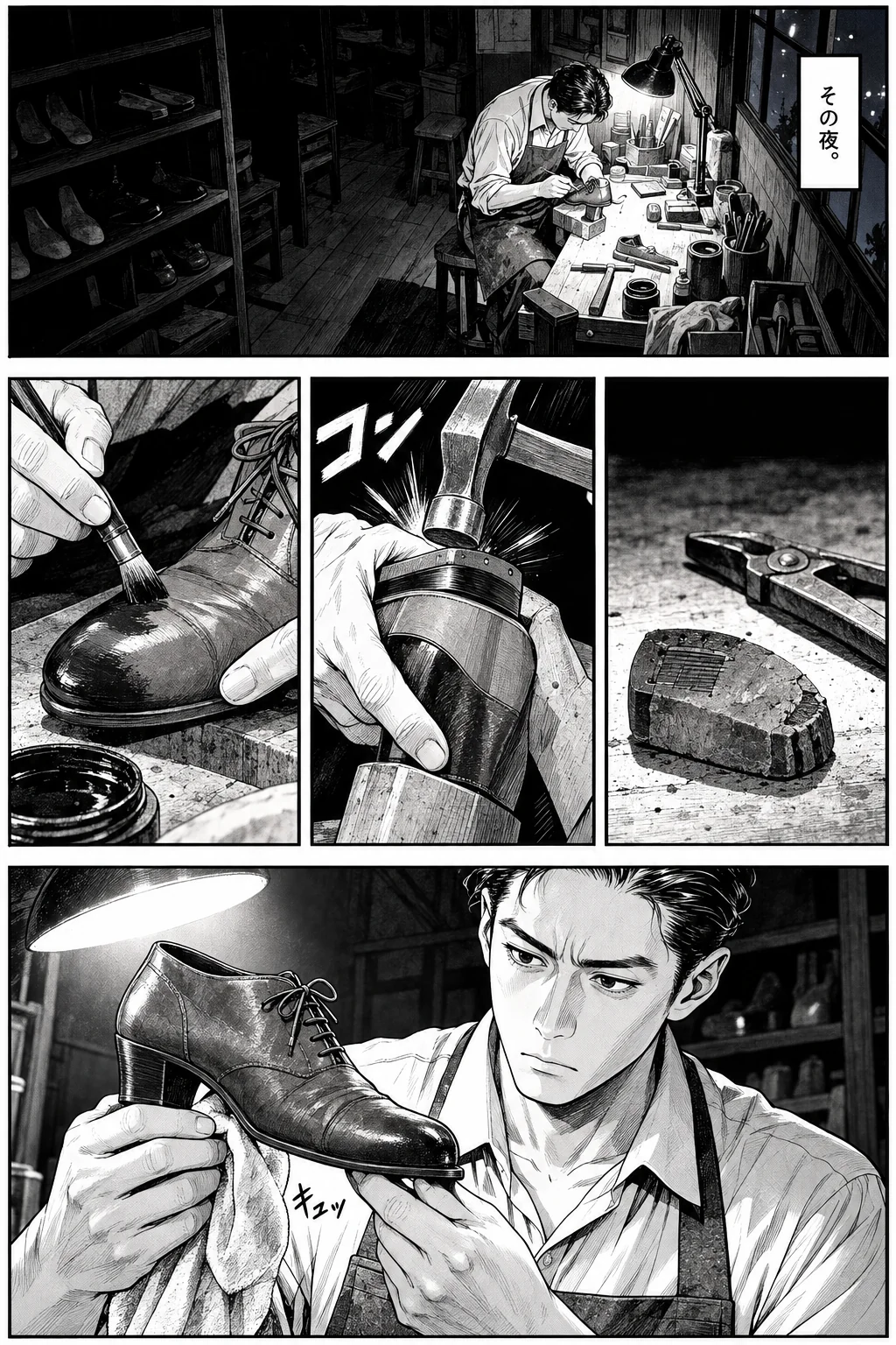 その夜。ひとりの工房で、古いヒールの先を外し、新しいものを打ち、つま先に色を入れ、磨く。甲の皺はそのまま残っている。